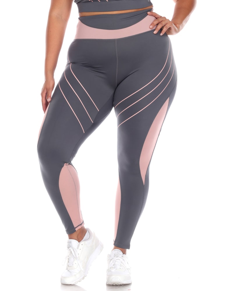Front of a model wearing a size 3X High-Waist Reflective Piping Fitness Leggings in Charcoal by White Mark. | dia_product_style_image_id:249027